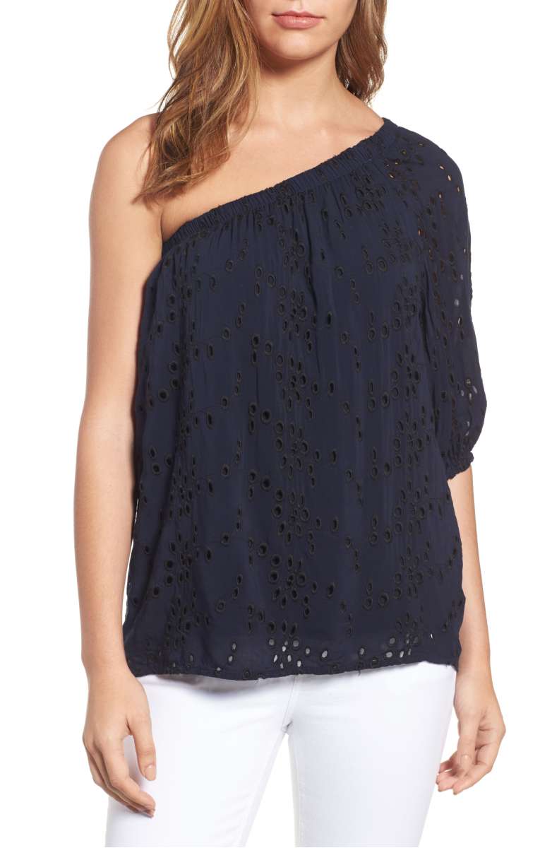 VELVET BY GRAHAM & SPENCER One-Shoulder Eyelet Blouse Navy Black one shoulder tops summer 2017
