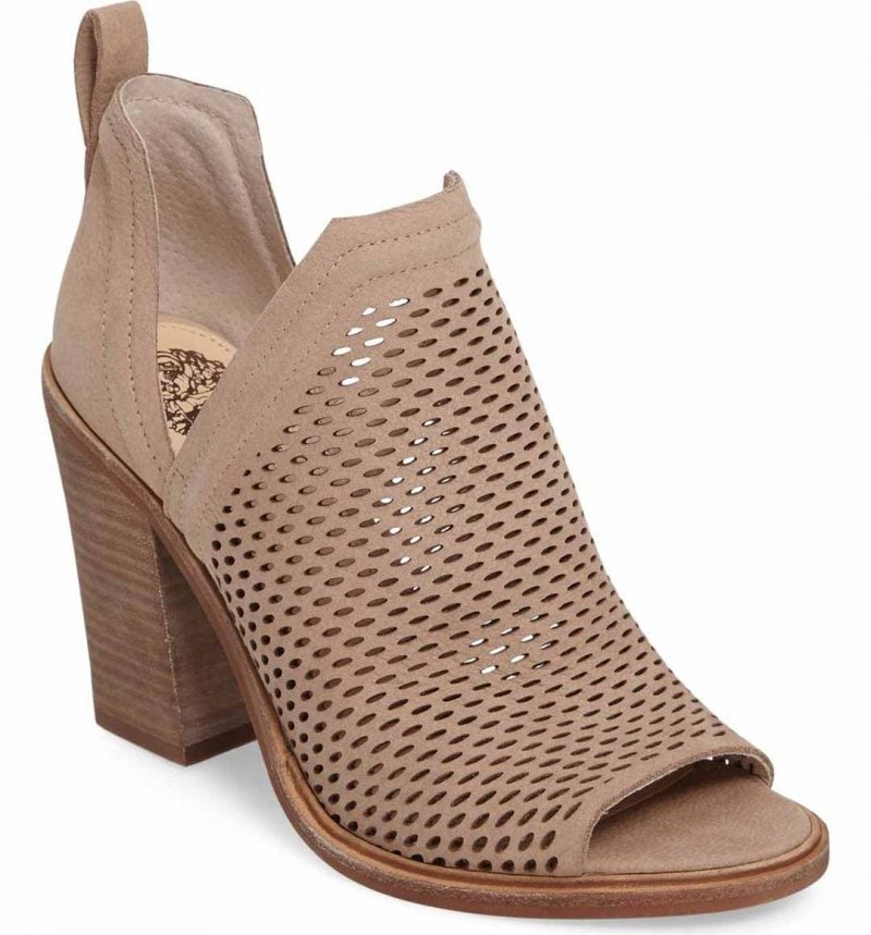 VINCE CAMUTO Kensa Peep Toe Bootie Almond Beige Nubuck Leather Perforated open toe booties summer fall 2017