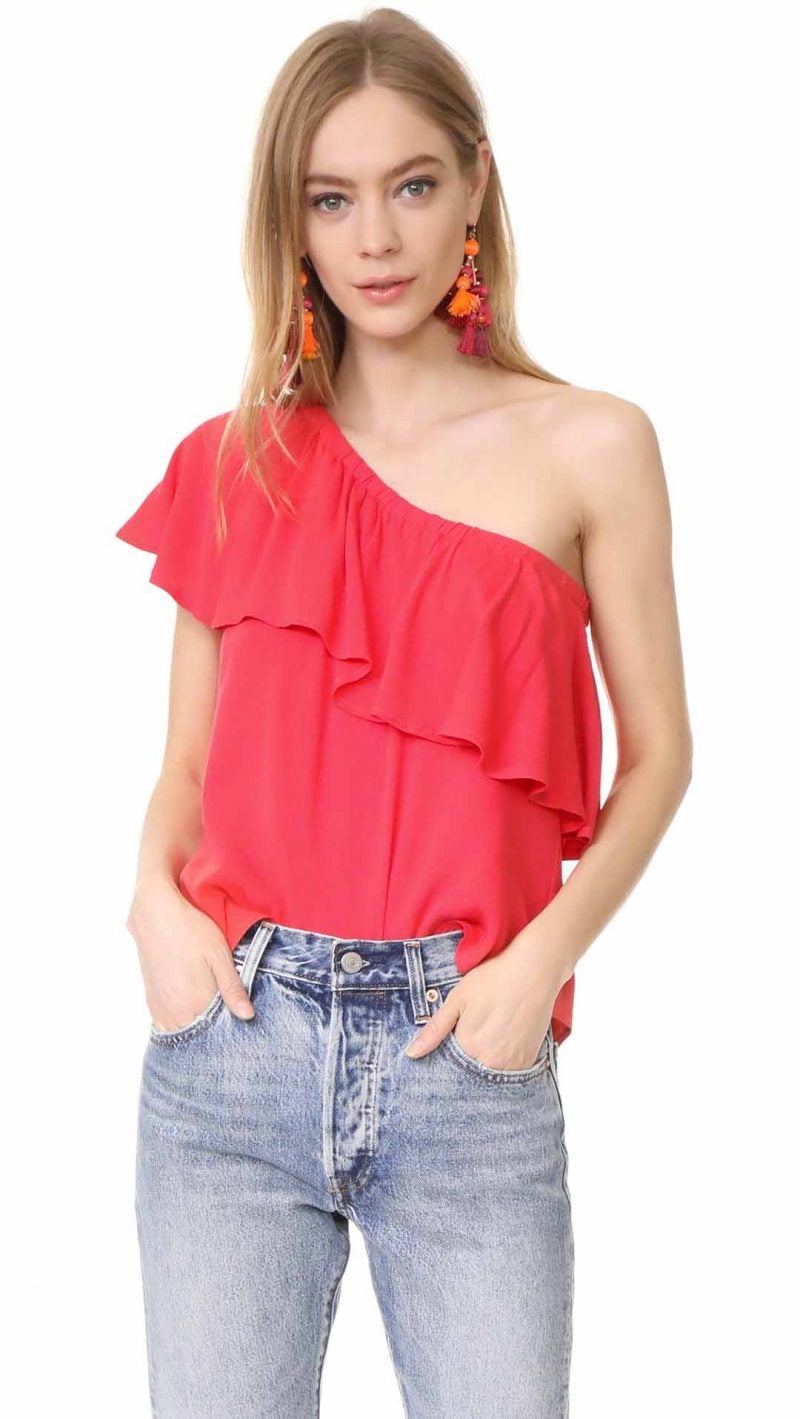 WAYF Conway Ruffle Top Coral one shoulder tops summer 2017