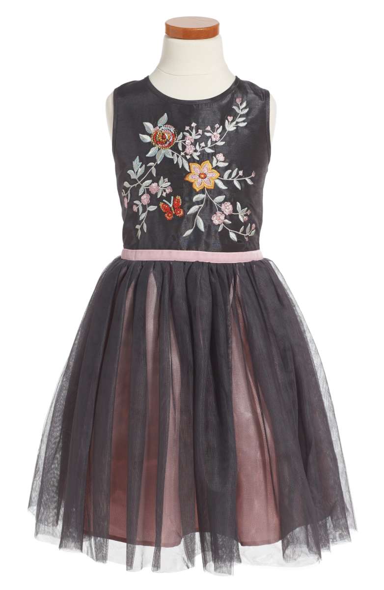 ZUNIE Embroidered Fit & Flare Dress Slate Grey tulle back to school dresses toddler girls