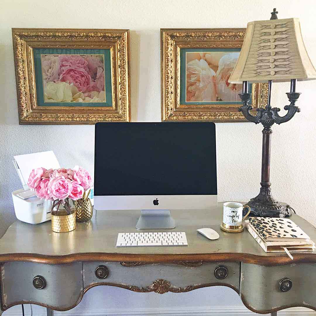 Lifestyle blogger Candace Rose Anderson's French inspired desk, home office, pink garden roses.