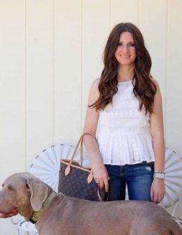 Fashion and lifestyle blogger Candace Rose Anderson is wearing a JOA Lace Mix Peplum Top in White. She shared the best lace peplum top under $50 for summer 2017. Her dog, a Weimaraner named Fred is also pictured. Candieanderson.com blog.