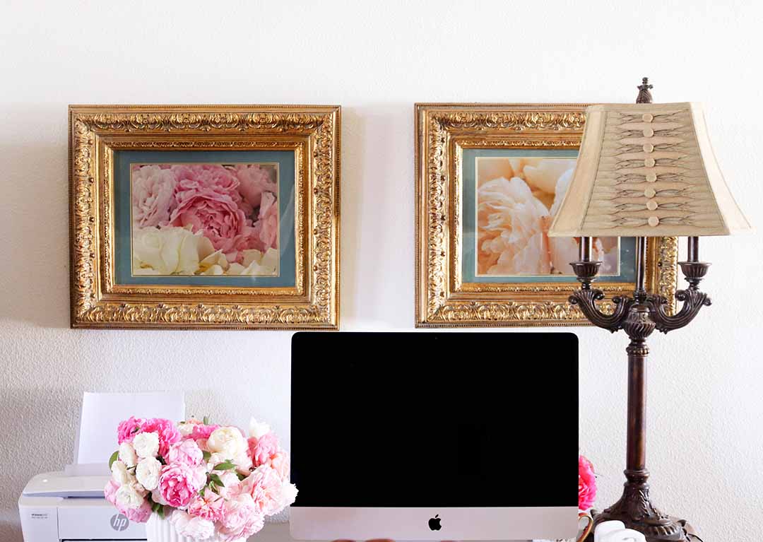 Fashion blogger Candace Rose Anderson home office decor pink garden roses