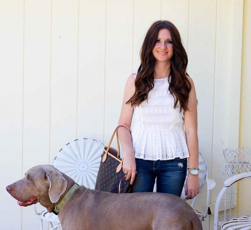 Best friends for life! Fred the Weimaraner poses next to his mom, fashion blogger Candace Rose in her JOA lace mix peplum top for summer. It's on sale and under $50!