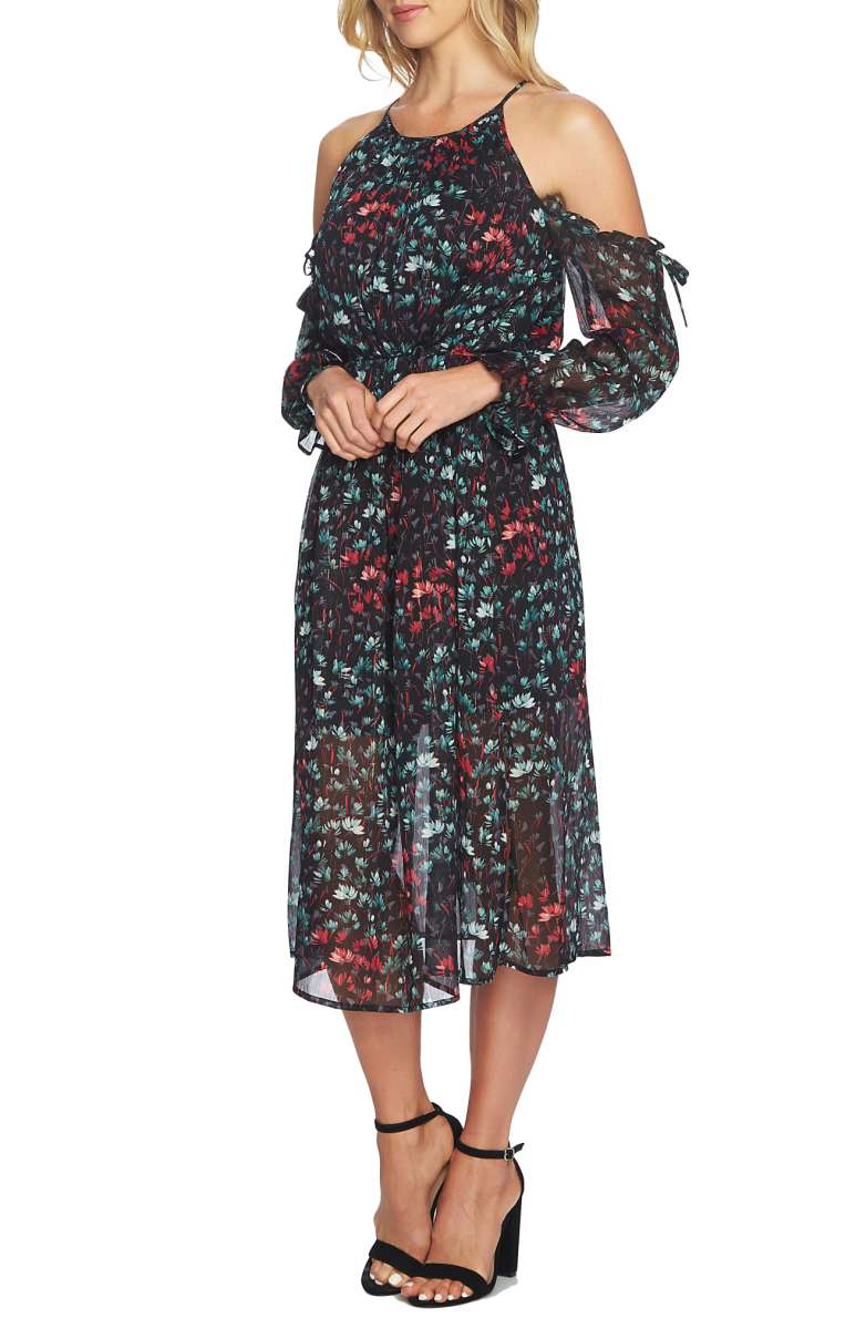 1.STATE Cold Shoulder Midi Dress Rich Black fall Floral Print dresses wedding guests