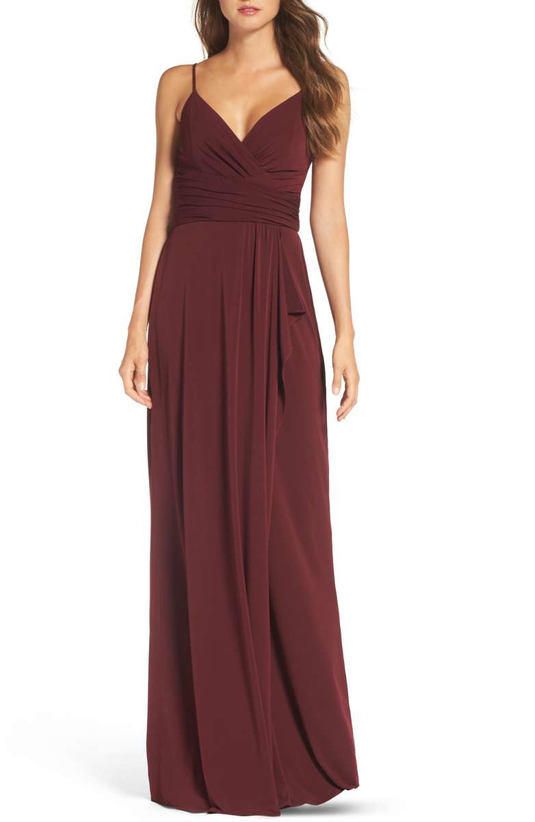AMSALE Celina Mock Wrap Gown Ruby wrap dresses fall wedding guests