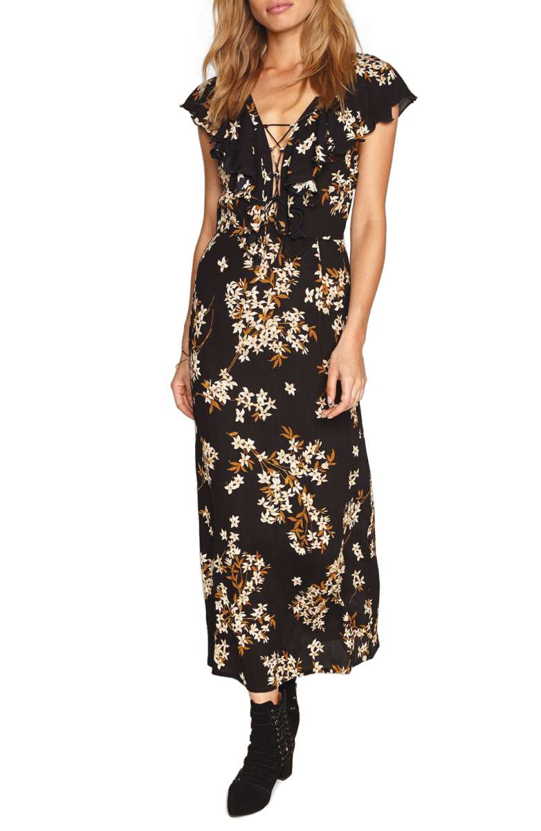 AMUSE SOCIETY Alana Floral Lace-Up Dress Black Sands fall floral print dresses wedding guests