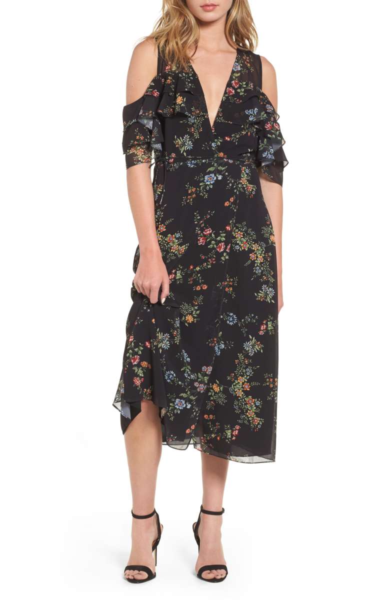 ARRIVE Daisy Wrap Midi Cold Shoulder Dress Black Coral Fall Floral Print Dresses wedding guests