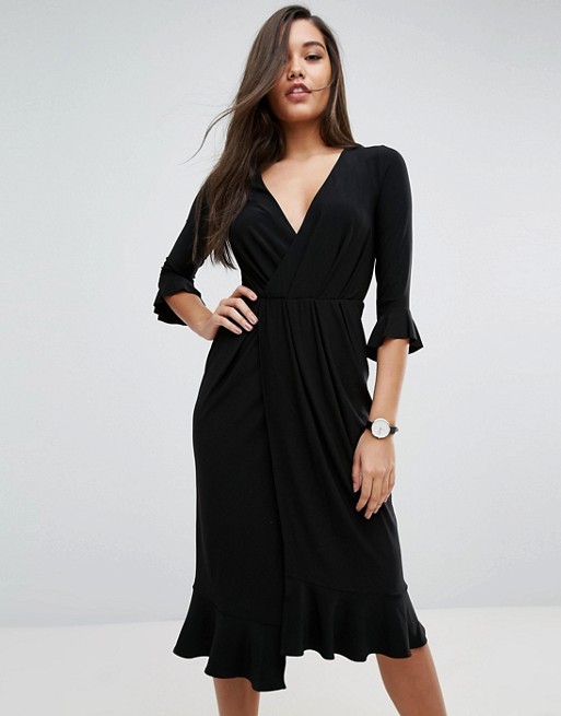 ASOS Wrap Front Midi Dress With Frill Detail Black wrap dresses fall 2017