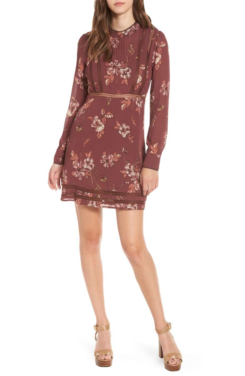 ASTR THE LABEL Kirsten A-Line Dress Wine Multi Floral Print 