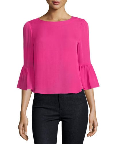 Alice + Olivia Bernice 3/4 Ruffle-Sleeve Back-Zip Top Fuchsia bell sleeve tops fall 2017