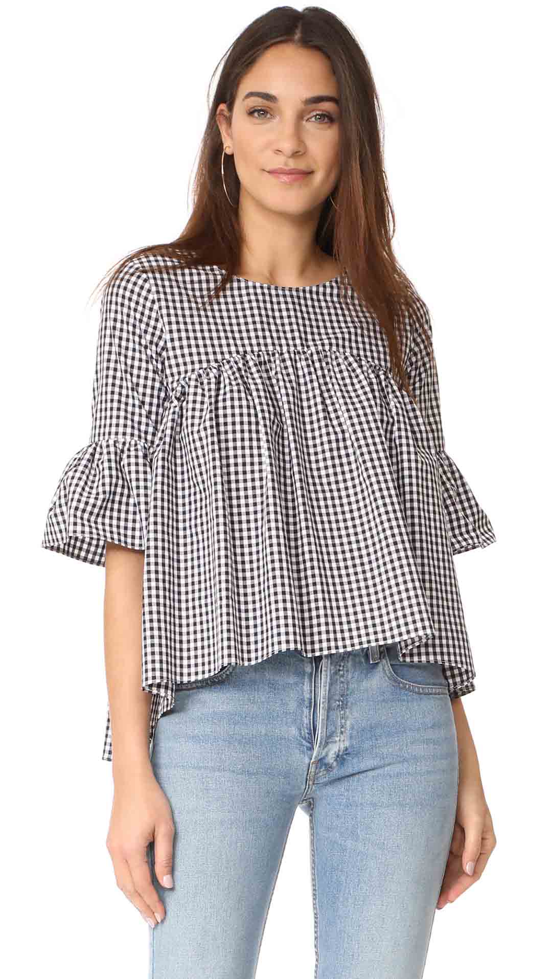 Amanda Uprichard Imogen Top Bell Sleeves Black White Gingham shopbop labor day sale