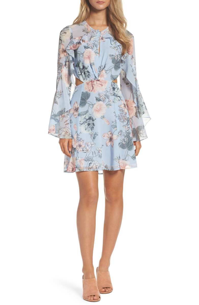 BARDOT Floral Print Chiffon Dress Cutout Floral Blue