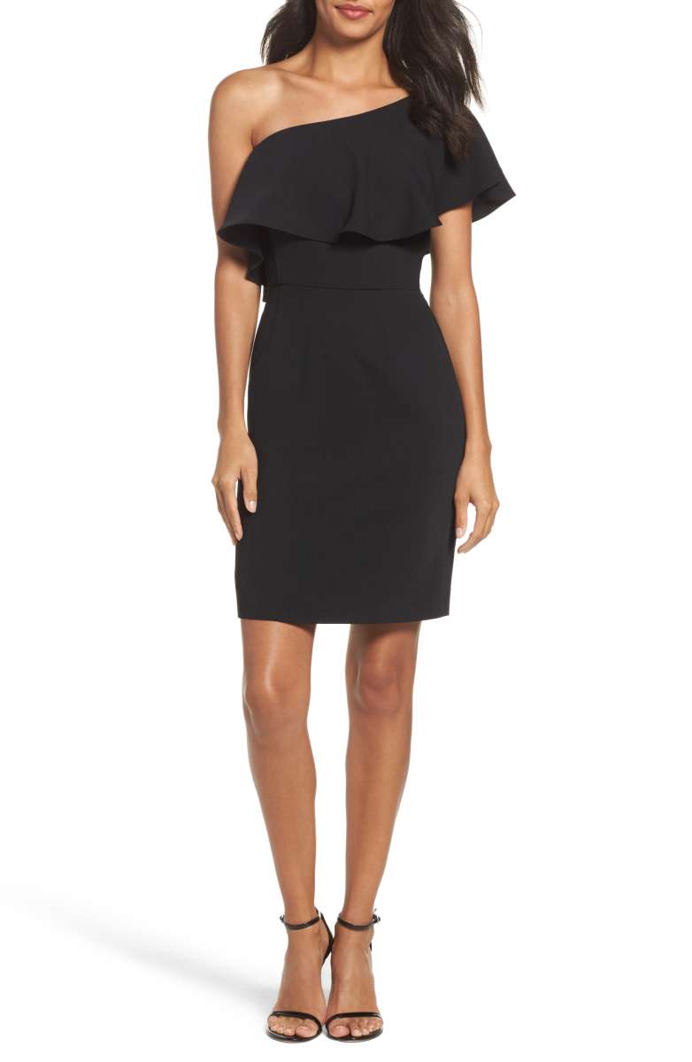 BB DAKOTA OCCASION Cale One-Shoulder Crepe Sheath Dress Black ruffle sheath dresses fall wedding guests