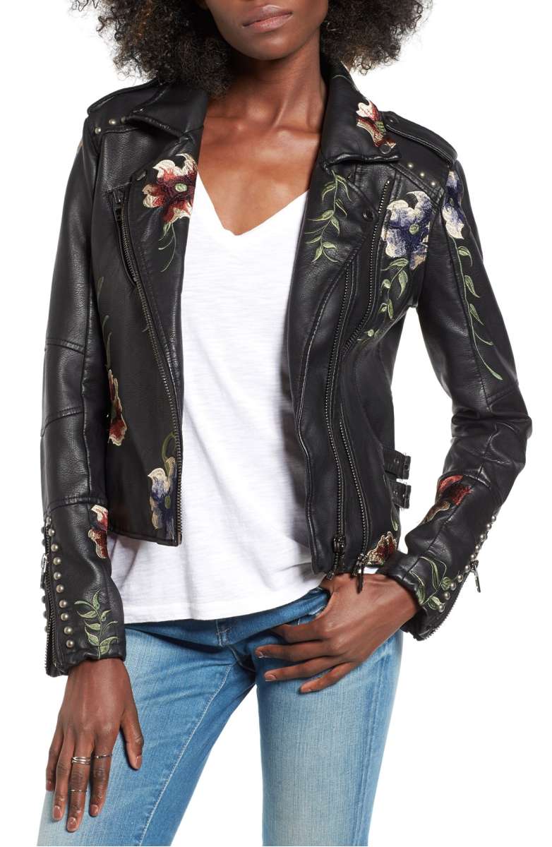 BLANKNYC Embroidered Faux Leather Moto Jacket As You Wish Floral Studs 