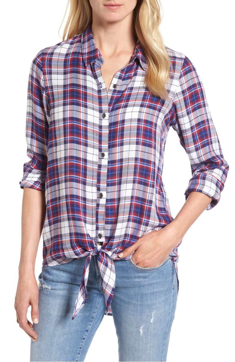 BOBEAU Tie Front Plaid Shirt Burgundy Black Plaid shirts under 100 dollars women