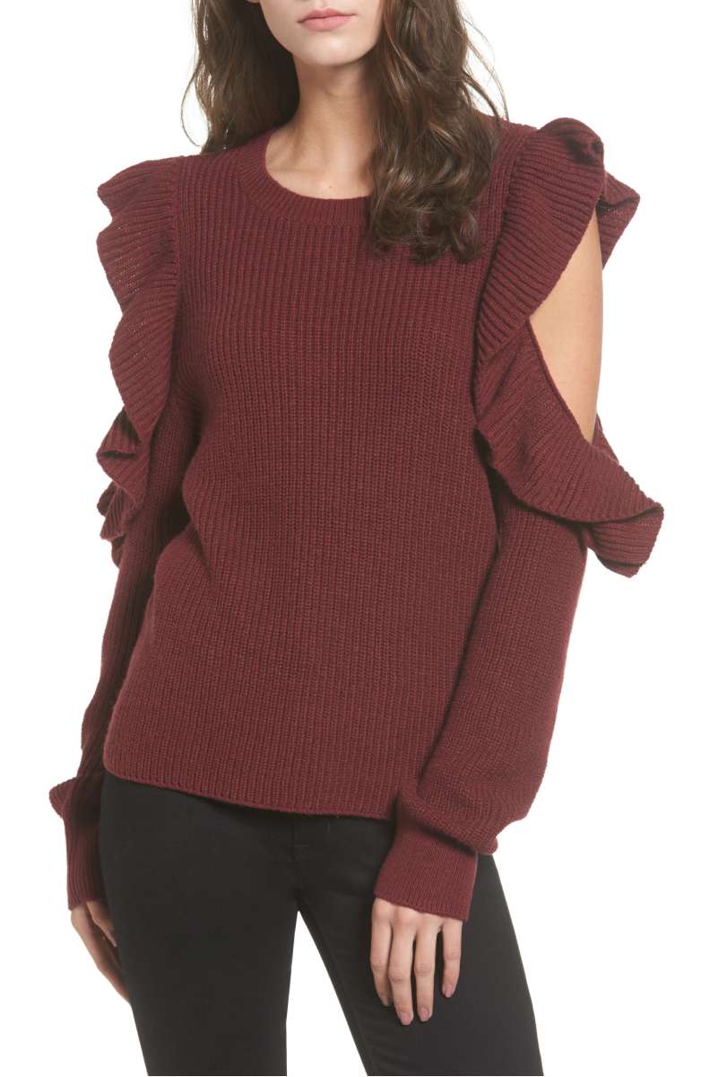 BP. Ruffle Cold Shoulder Sweater Red Tannin 