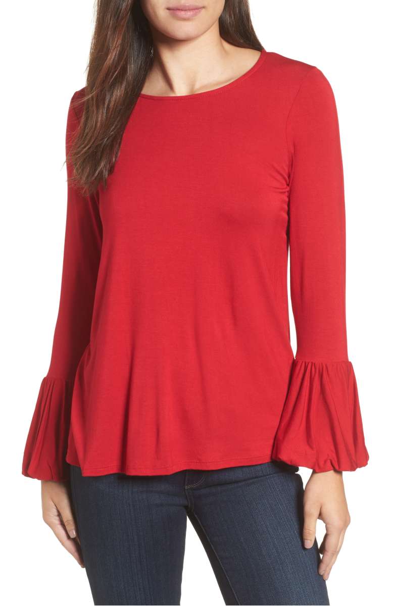Bobeau Bell Sleeve Top Red 