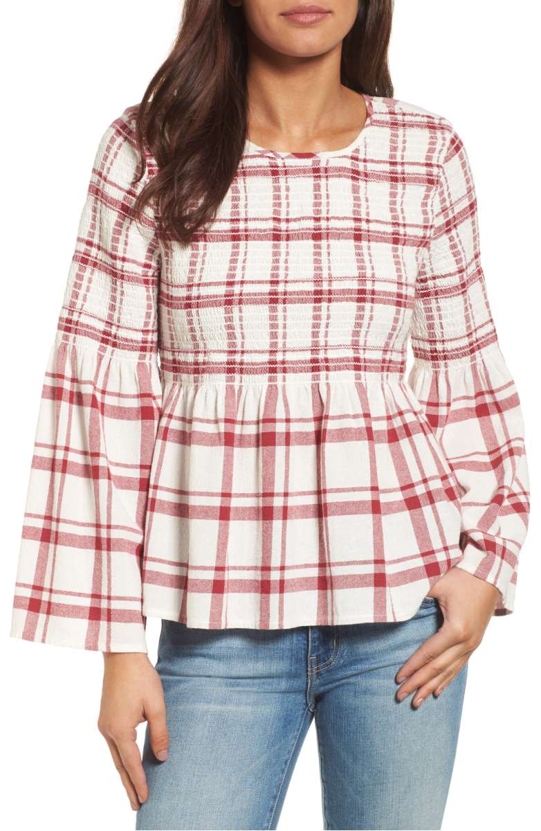 Caslon Plaid Smocked Peplum Top Ivory Red Plaid shirts under 100 dollar women
