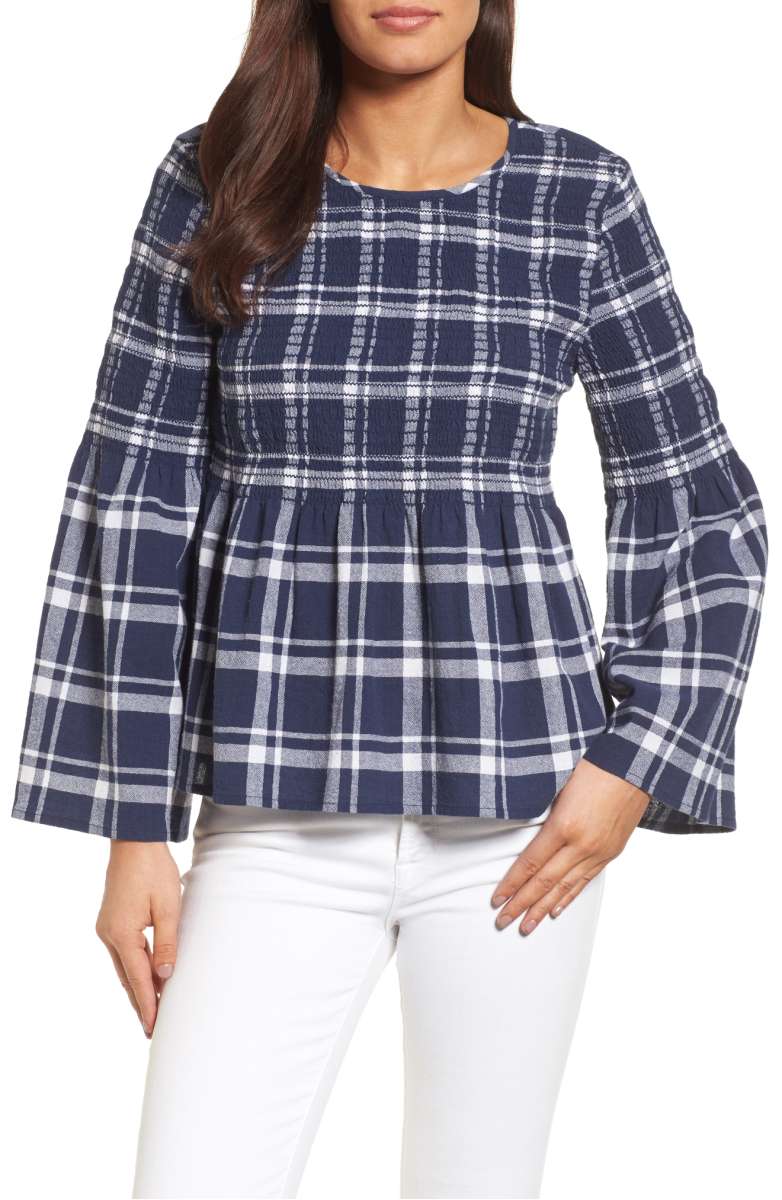 Caslon Plaid Smocked Peplum Top Navy Blue White Plaid shirts under 100 dollar women