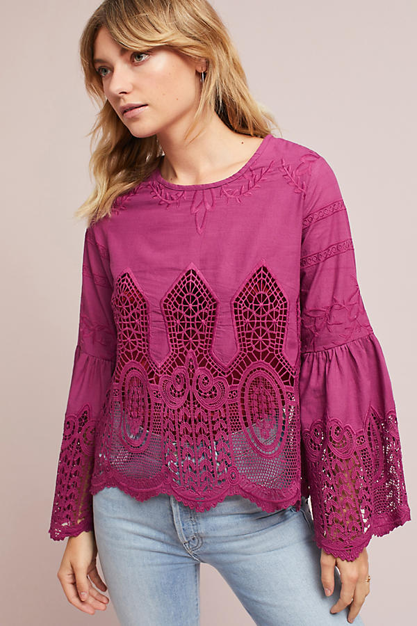Chloe Oliver Bell-Sleeve Lace Pullover Raspberry bell sleeve tops fall 2017