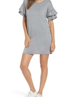 DEE ELLY Ruffle Knit Shift Dress Heather Grey ruffle sleeve dresses