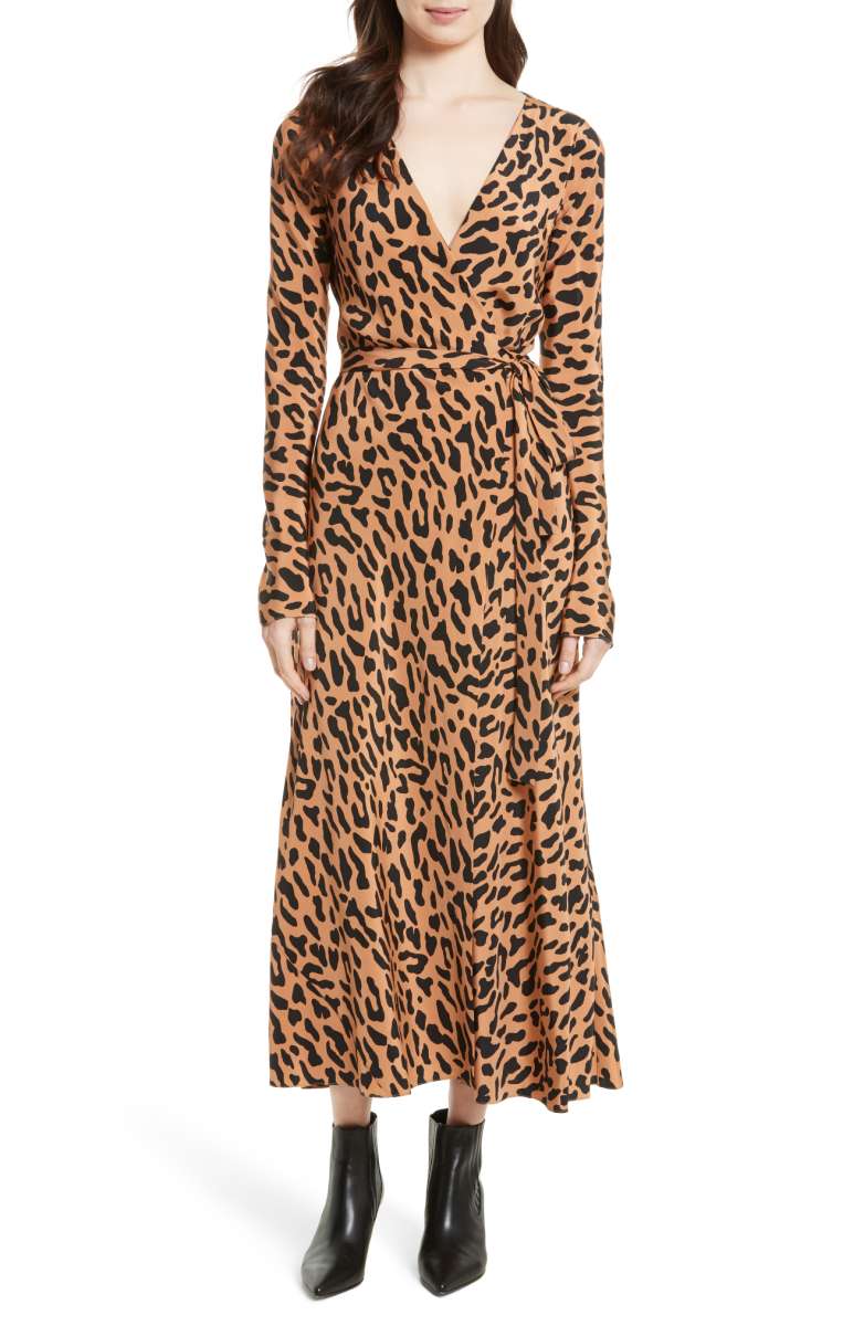 DIANE VON FURSTENBERG Midi Print Silk Wrap Dress Belmont Camel wrap dresses fall 2017