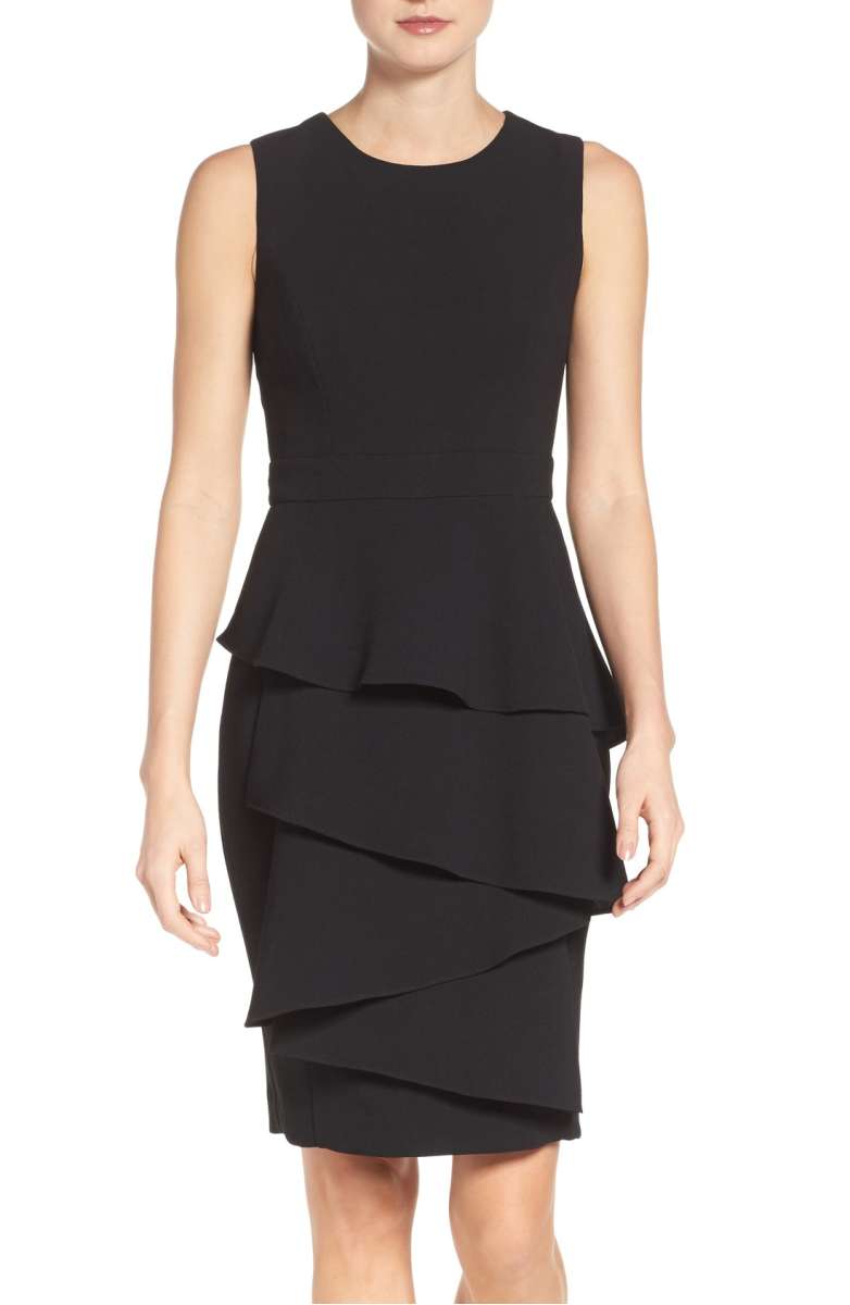 ELIZA J Ella Cascade Crepe Sheath Dress Black ruffle sheath dresses fall wedding guests