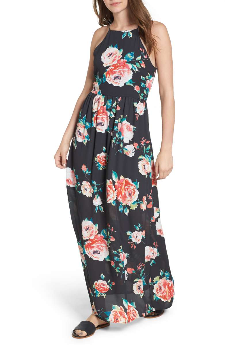 EVERLY Floral High Neck Maxi Dress Iron rose print wedding guest dresses