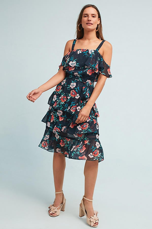 Eliza J Raissa Open-Shoulder Dress Blue Motif Fall floral Print dresses