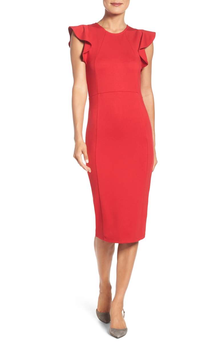 FELICITY & COCO Ruffle Sheath Dress Red fall wedding guests