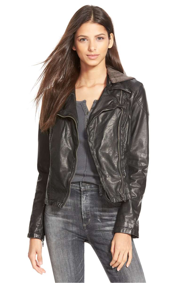 FREE PEOPLE Hooded Faux Leather Moto Jacket Black 