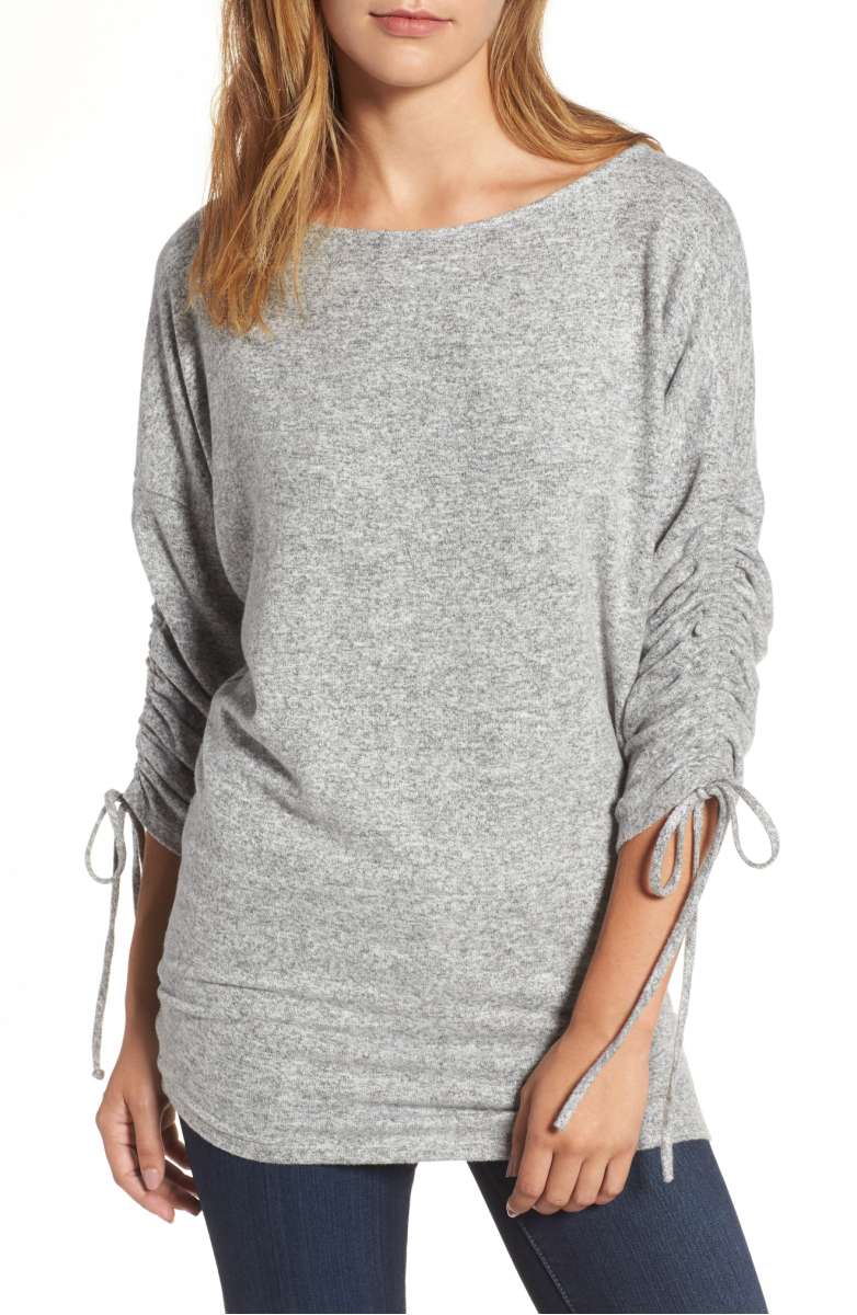 GIBSON Tie Sleeve Cozy Fleece Top Light Heather Grey tie sleeve tops fall 2017