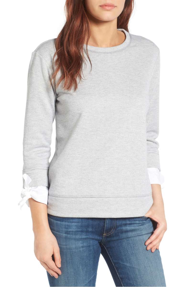 GIBSON Tie Sleeve Sweatshirt Heather Grey White Poplin tie sleeve tops fall 2017
