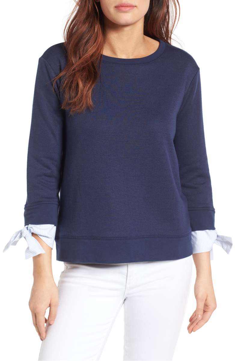 GIBSON Tie Sleeve Sweatshirt Navy Blue Stripe Poplin tie sleeve tops fall 2017