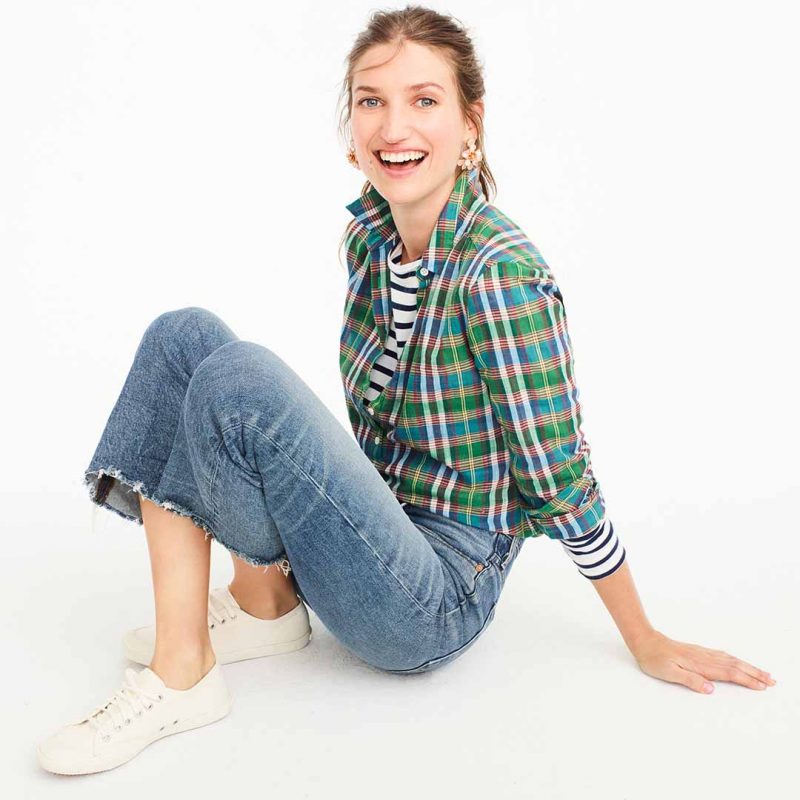 J.Crew Gathered popover shirt in vintage plaid item G2452 Juniper Green plaid shirts under 100 dollars