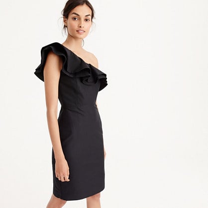J.Crew One-shoulder ruffle dress in faille item G3468 Black fall wedding guest dresses 