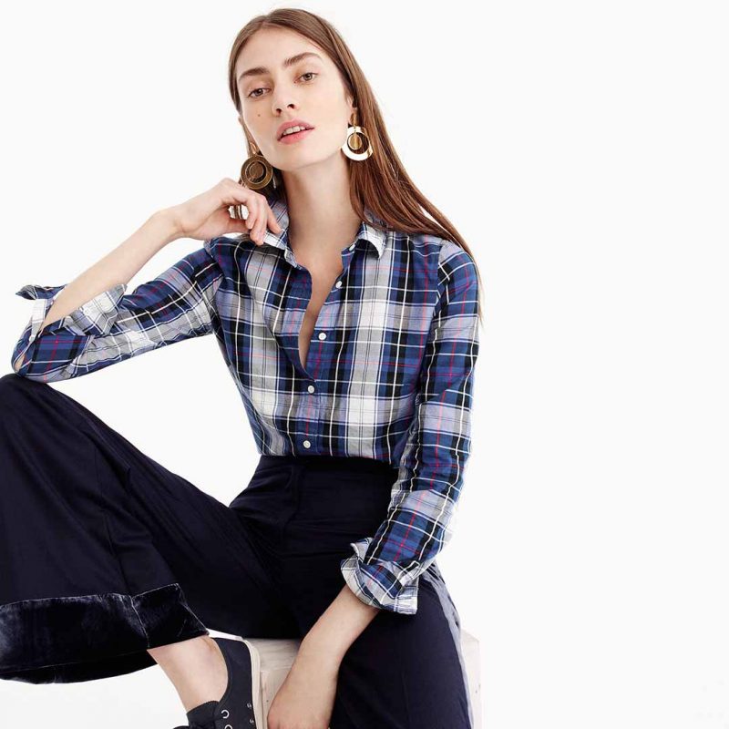 J.Crew Perfect shirt in navy plaid item G8450 blue pink plaid shirts under 100 dollars women fall 2017