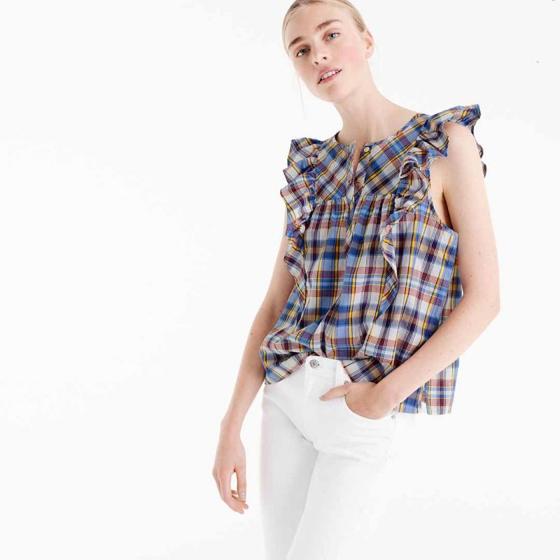 J.Crew Ruffle top in vintage plaid item G7485 sunflower multi plaid shirts women under 100 dollars