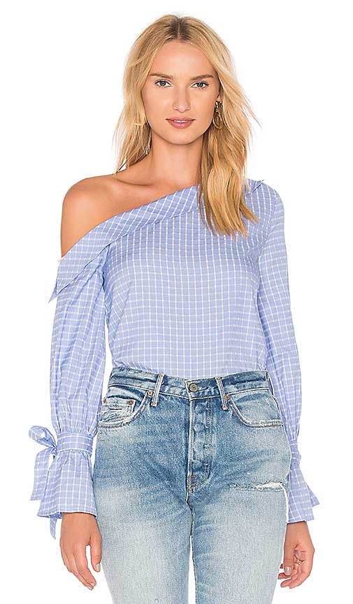 J.O.A. ONE SHOULDER TIE SLEEVE TOP Light Blue Multi 