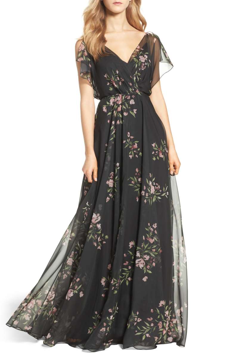 JENNY YOO Cassie Flutter Sleeve Surplice Gown Black Cinnamon Rose fall Floral Print dresses