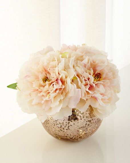 John-Richard Collection Champagne Ice Arrangement Faux Peonies Dahlias Pink glass bowl faux flowers horchow decor and lighting sale