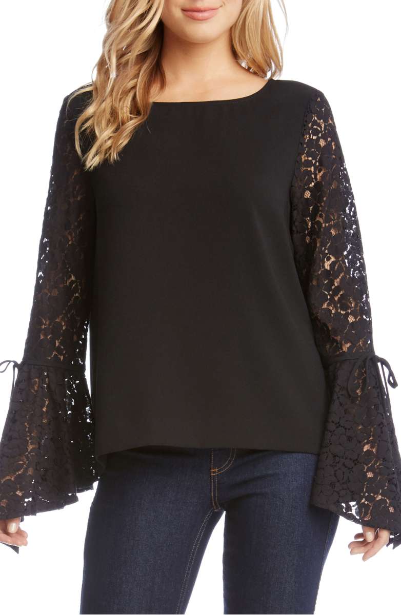 KAREN KANE Tie Sleeve Lace Top Black Bell sleeves 