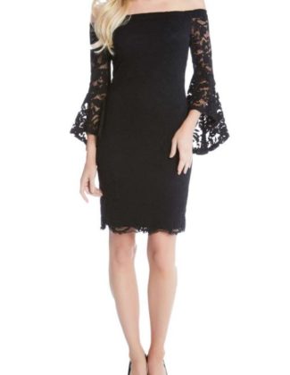 Karen Kane Samantha Lace Off the Shoulder Sheath Dress Black fall wedding guests