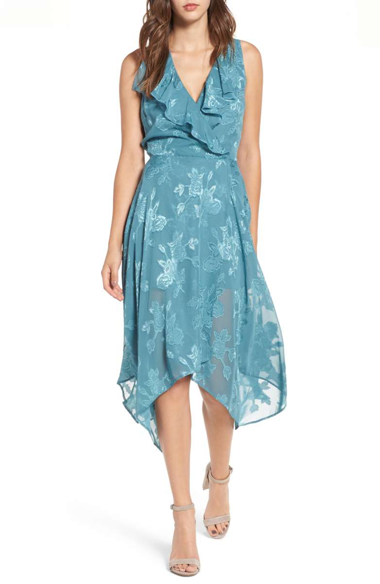 LEITH Handkerchief Hem Faux-Wrap Midi Dress Teal Hydro wrap dresses fall wedding guests