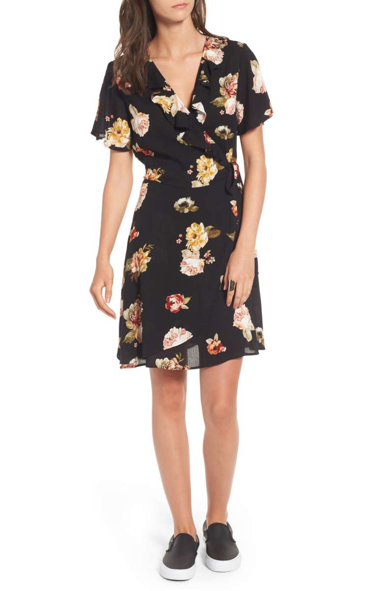LOVE, FIRE Floral Gauze Wrap Dress Black Floral Print fall dresses