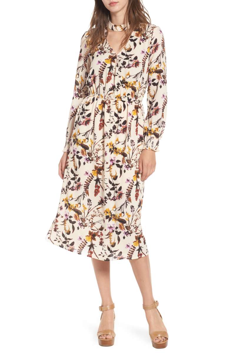 LOVE, FIRE Gigi Floral Surplice Midi Dress Choker Nude Floral Print fall wedding guests