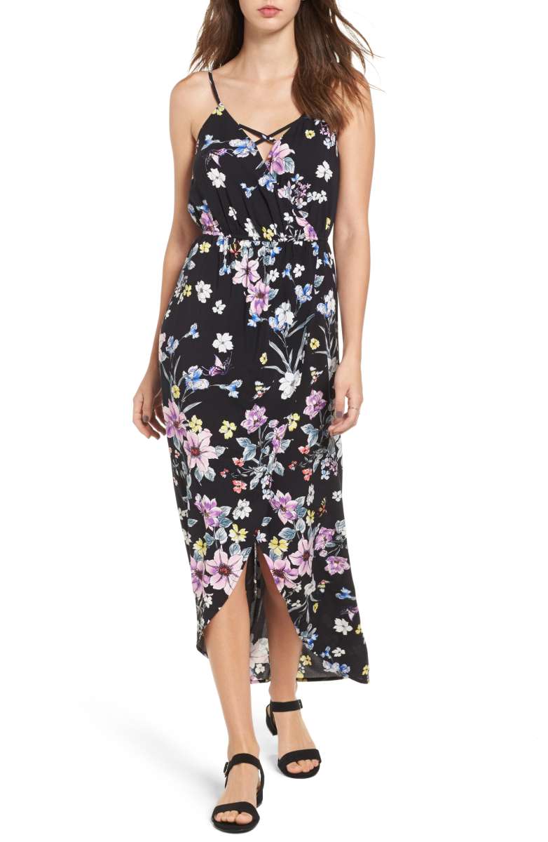 LOVE, FIRE Strappy Surplice Maxi Dress Black Floral Print dresses 