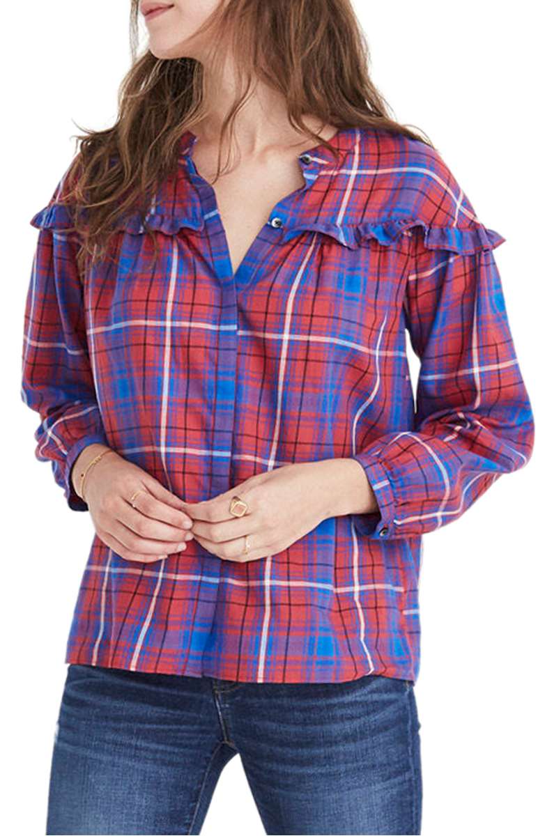 MADEWELL Plaid Ruffle Shirt Warm Berry plaid shirts under 100 dollars fall 2017 fashion trend women