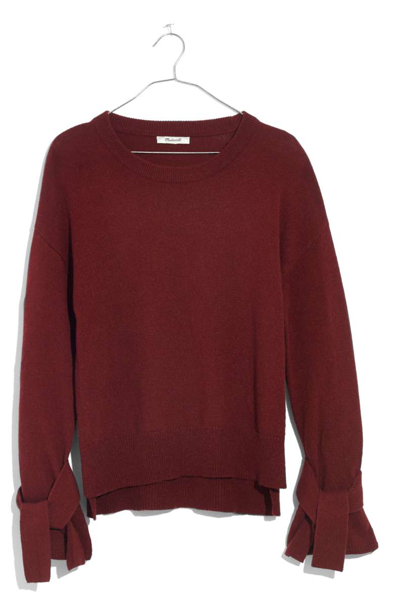 MADEWELL Tie Cuff Pullover Sweater Burnished Mahogany tie sleeve sweaters fall 2017